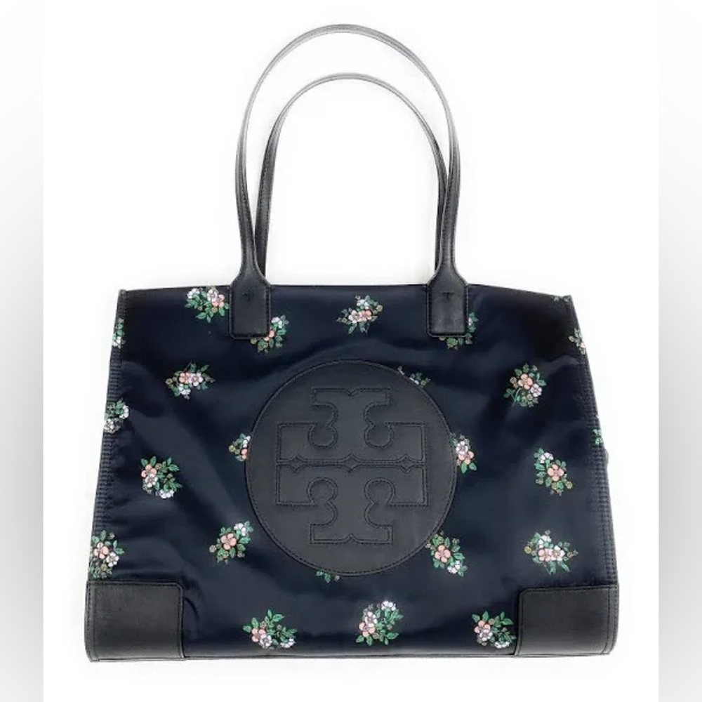 Tory Burch Small Black Floral Ella Canvas Tote Bag